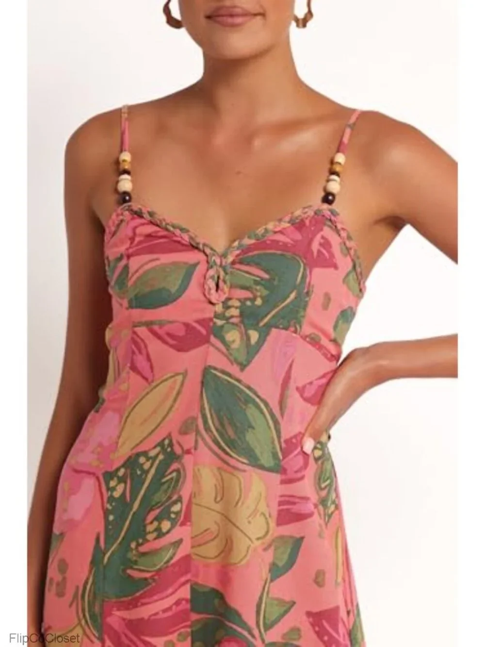 Linen Blend Tropical Romper Sweetheart Neckline Beaded Straps